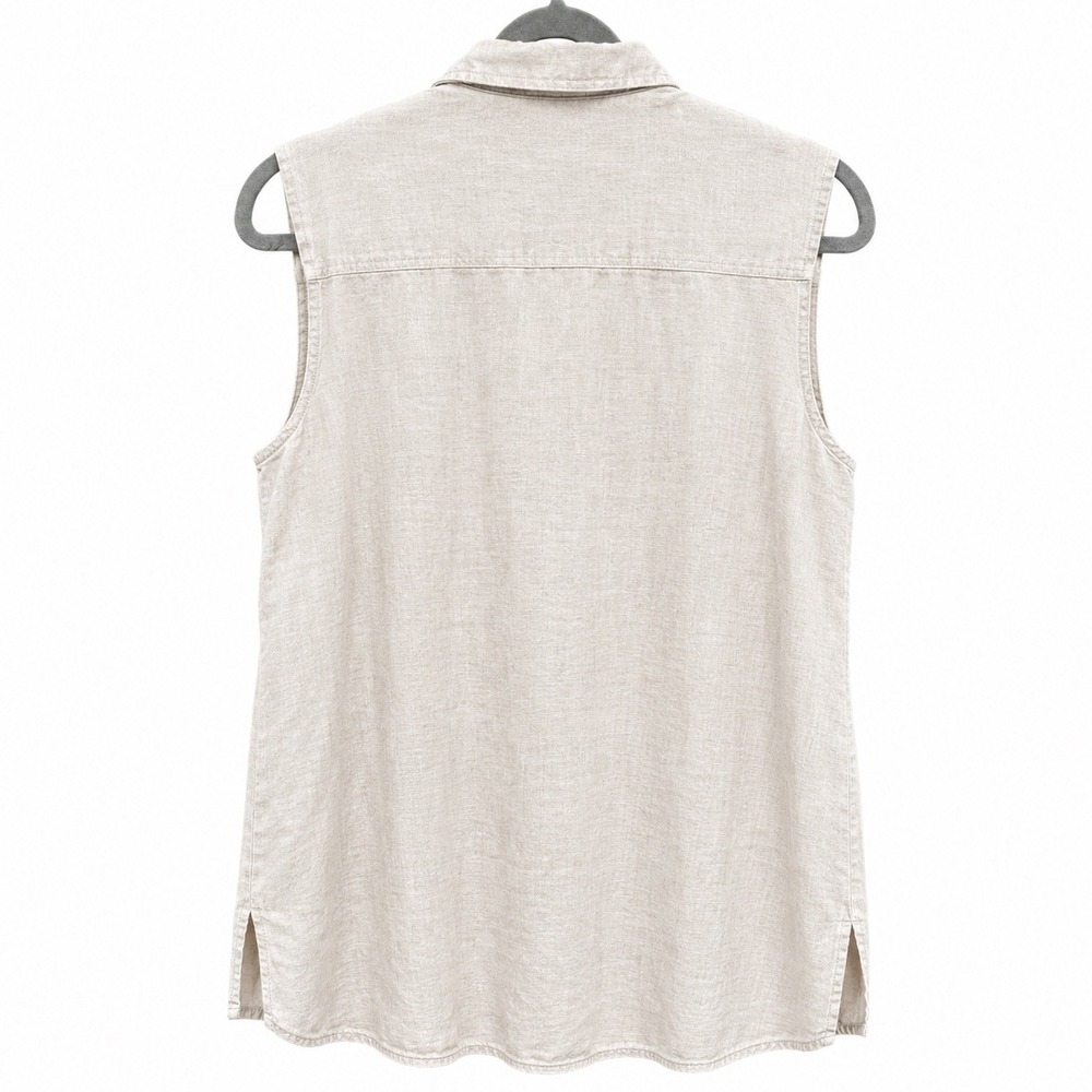 H&M Womens Small Shirt Dress Beige 100% Linen Sleeveless Button Front Mini - Picture 2 of 7